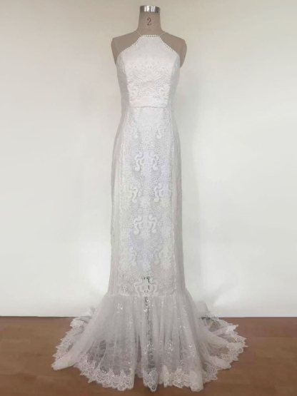Boho Wedding Dress 2021 Lace A Line Halter Sleeveless Floor Length Bridal Gown With Train-newarrivaldress