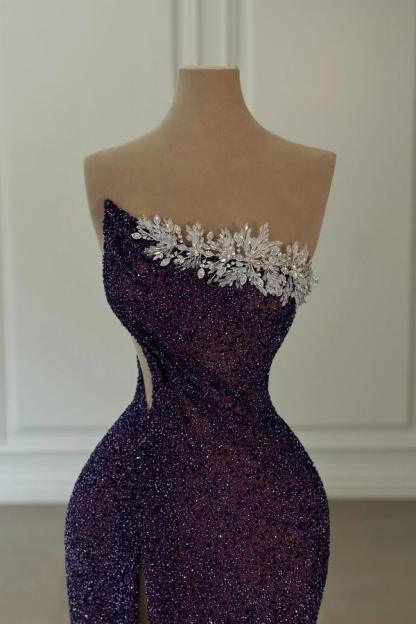 Strapless Glitter Sequins Bodycon Prom Dress Crystals Long Evening Party Dress with Front Split-newarrivaldress