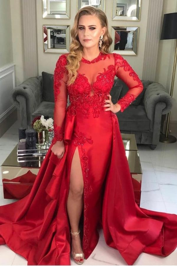 Elegant Red Long Sleeve Lace Appliques Evening Dress Side Slit Party Dress-newarrivaldress