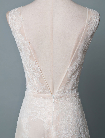 Simple Wedding Dress Lace A Line V Neck Sleeveless Beaded Floor Length Feather Bridal Gowns-newarrivaldress