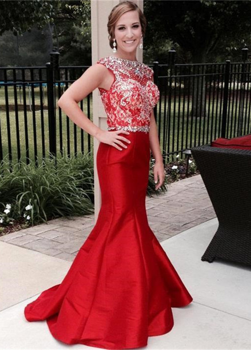 Gorgeous Crystal Mermaid Red Prom DressSleeveless Sweep Train-newarrivaldress