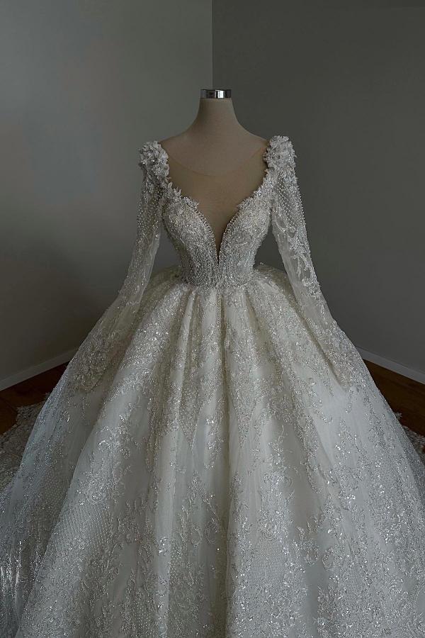 Luxury Long Sleeves Aline Wedding Dress Glitter Sequins Ball Gown with Appliques-newarrivaldress