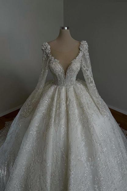 Luxury Long Sleeves Aline Wedding Dress Glitter Sequins Ball Gown with Appliques-newarrivaldress