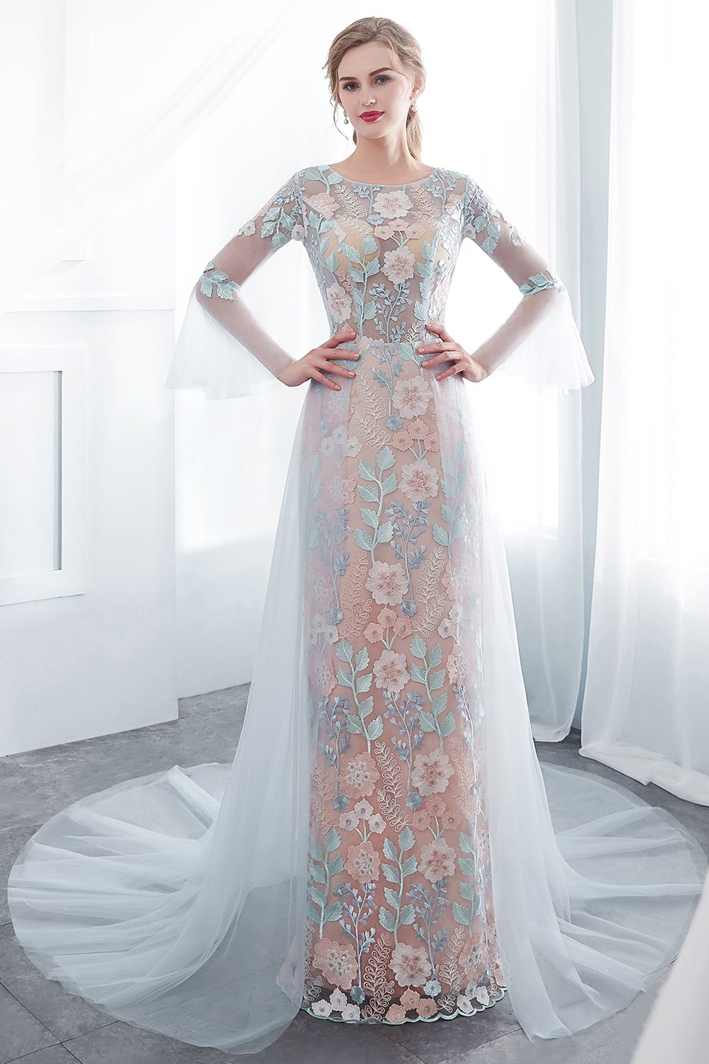 NAOMI | Sheath Long Sleeves Sheer Neckline Appliqued Flowers Evening Dresses-newarrivaldress