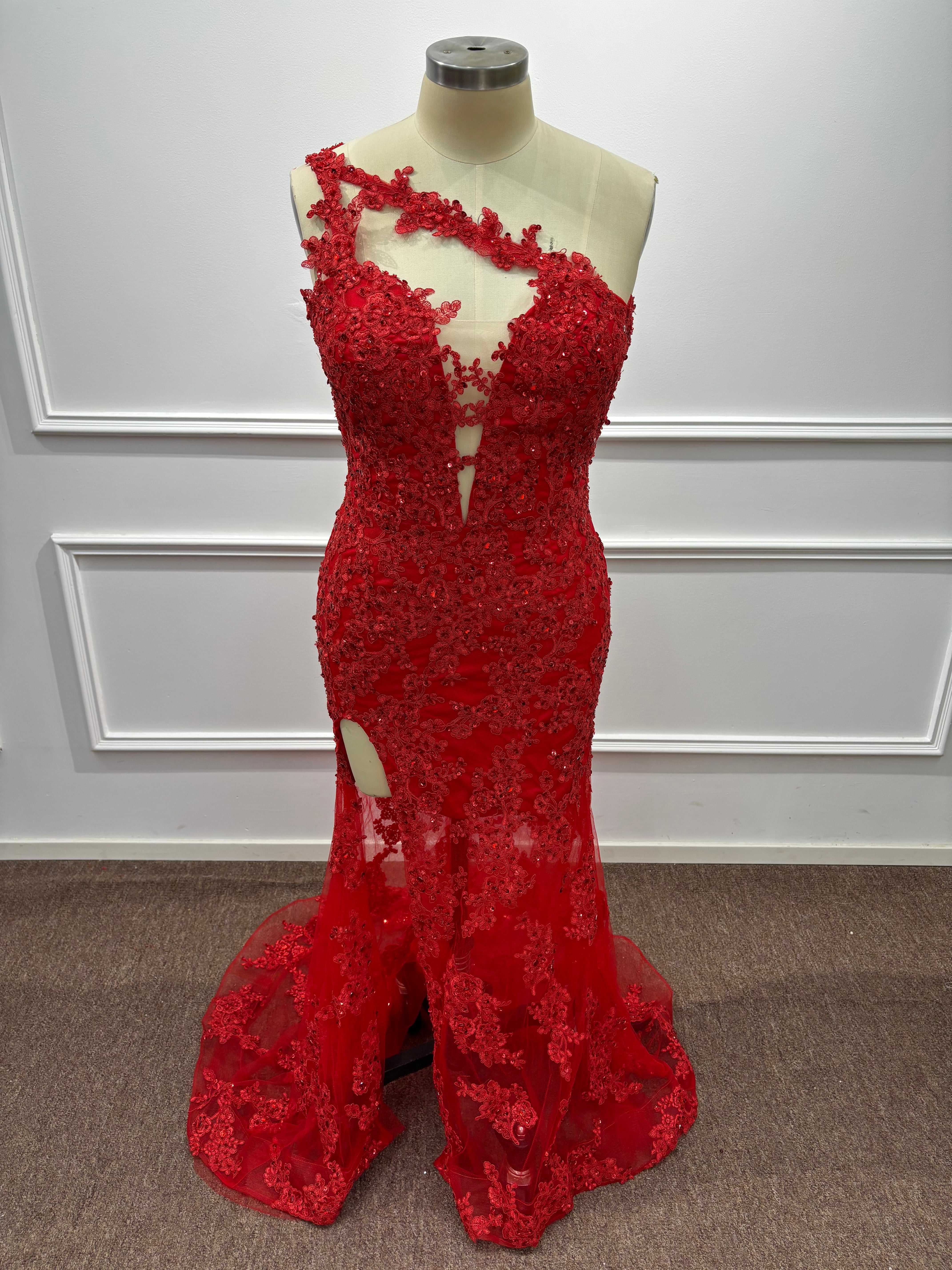 Red One-Shoulder Sequins Floor Length Mermaid Prom Dresses