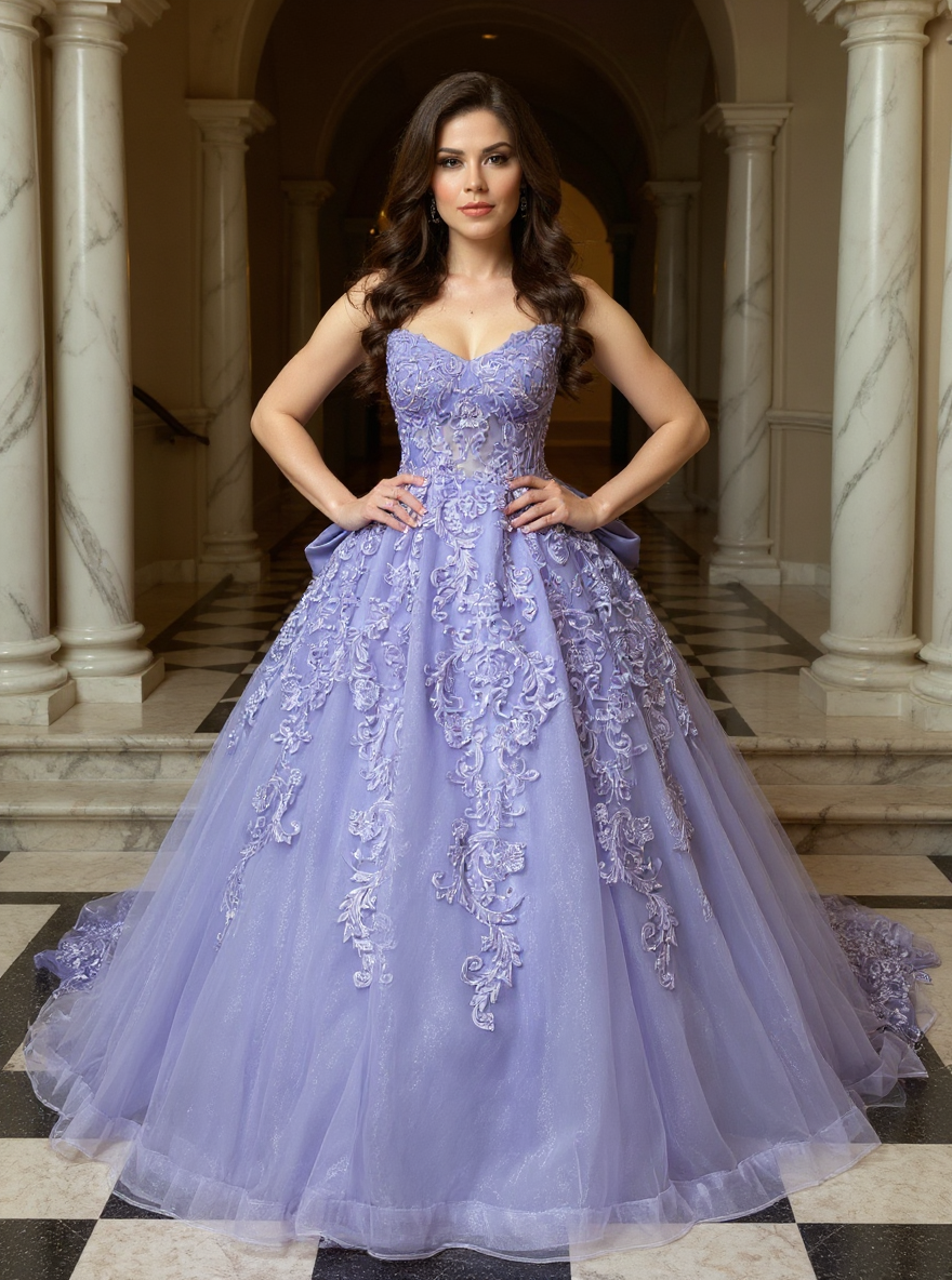 Lilac Strapless Tulle Applique A-line Prom Dresses Chapel Train