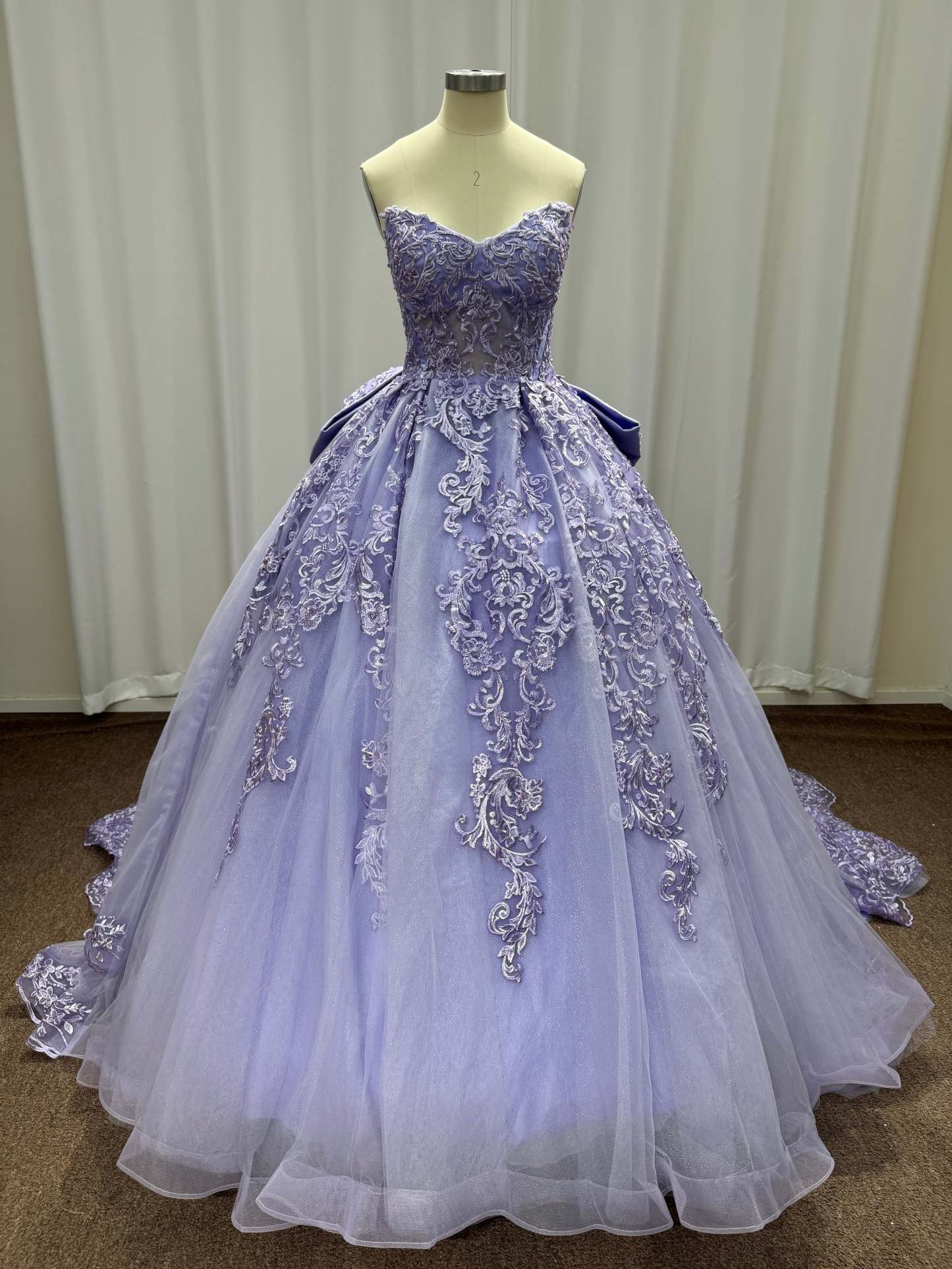 Lilac Strapless Tulle Applique A-line Prom Dresses Chapel Train