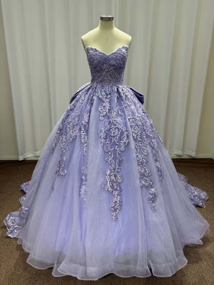 Lilac Strapless Tulle Applique A-line Prom Dresses Chapel Train
