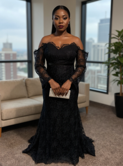Black Off-The-Shoulder Lace Long Sleeves Mermaid Evening Dresses
