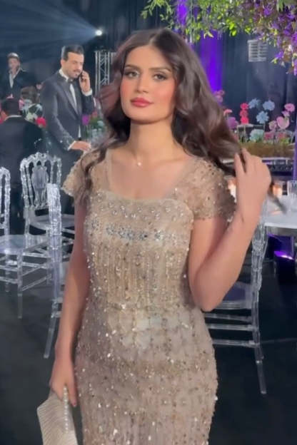 Glitter Short Sleeves Sequins Sheath Evening Dresses Floor Length