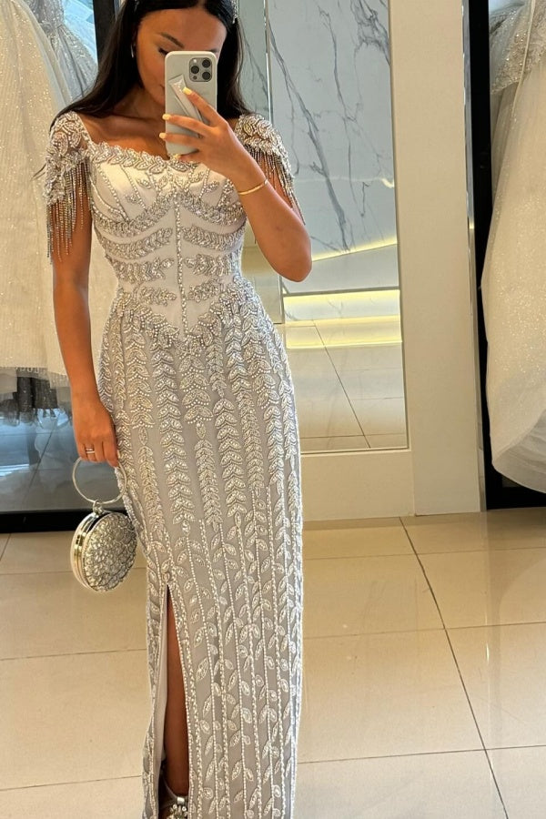 Stunning Short Sleeves Side Split Sheath Evening Dress with Beadings