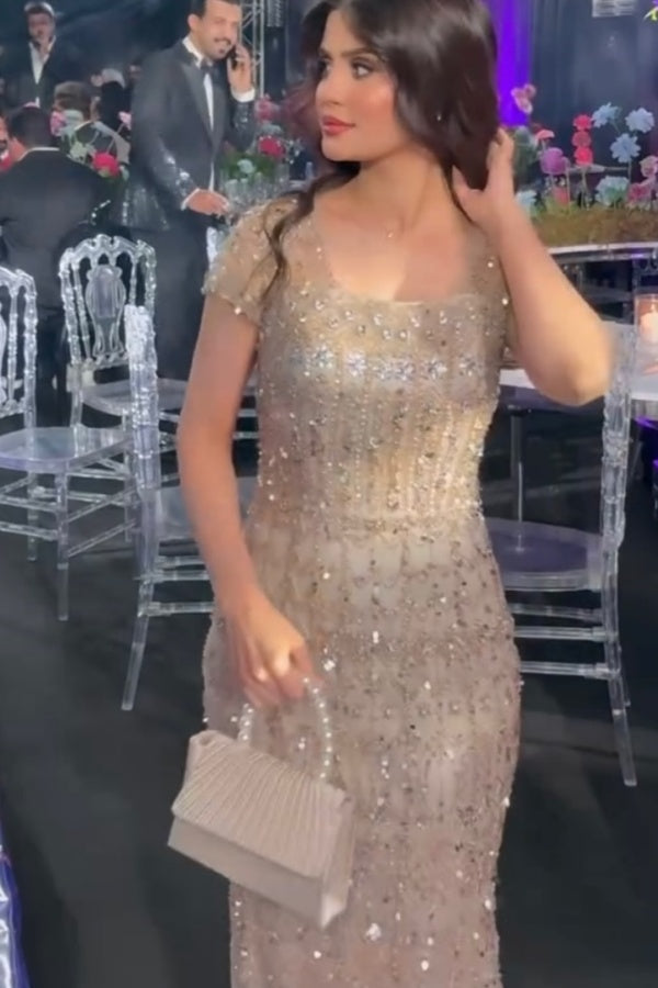 Glitter Short Sleeves Sequins Sheath Evening Dresses Floor Length