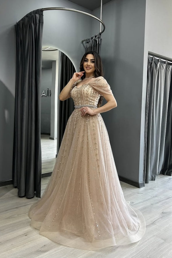 Off-the-Shoulder Tulle Crystals A-Line Evening Dresses