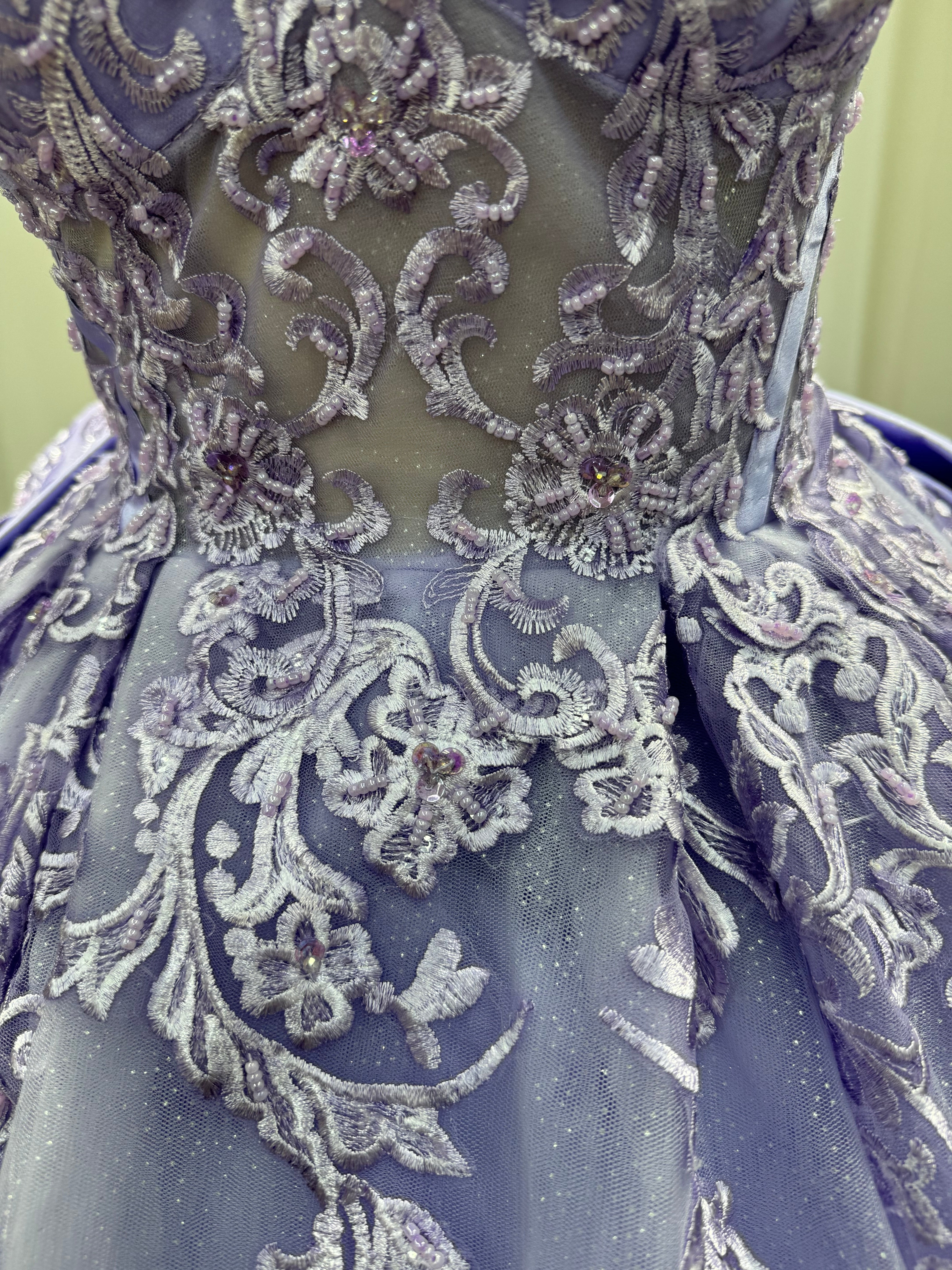 Lilac Strapless Tulle Applique A-line Prom Dresses Chapel Train