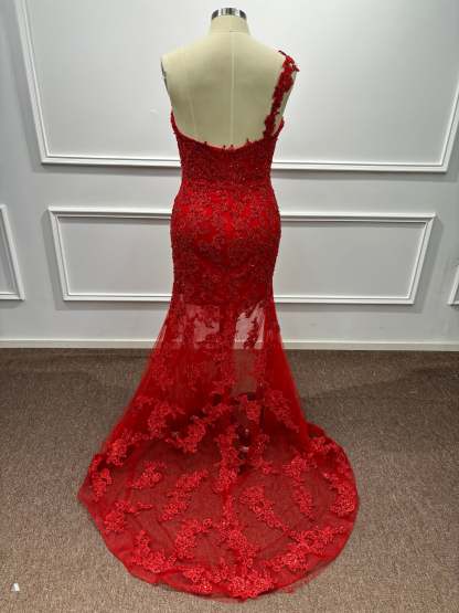Red One-Shoulder Sequins Floor Length Mermaid Prom Dresses