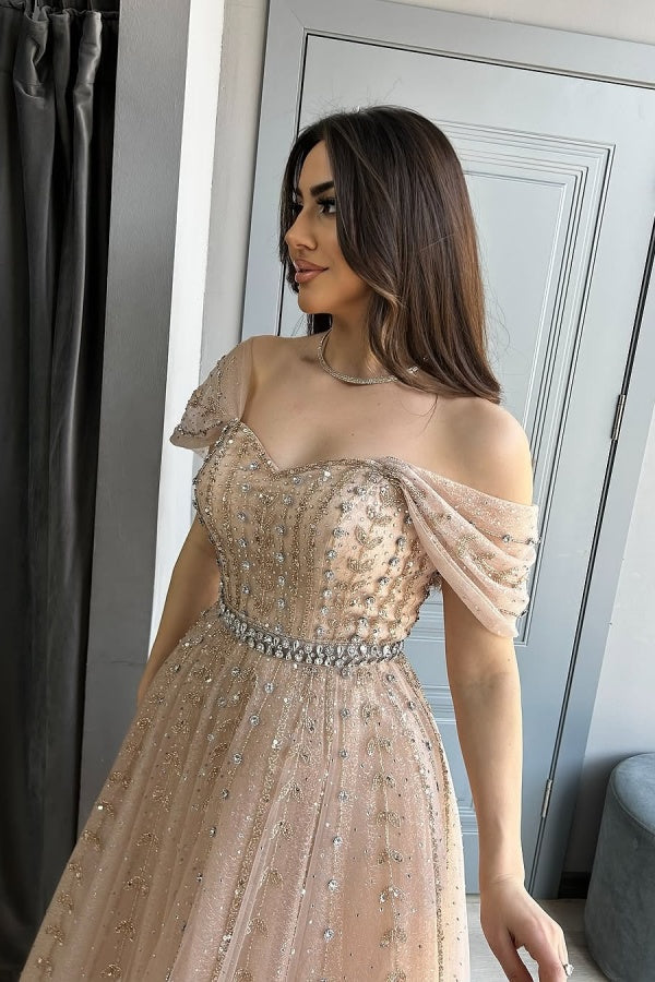 Off-the-Shoulder Tulle Crystals A-Line Evening Dresses