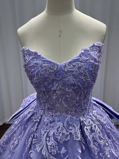 Lilac Strapless Tulle Applique A-line Prom Dresses Chapel Train