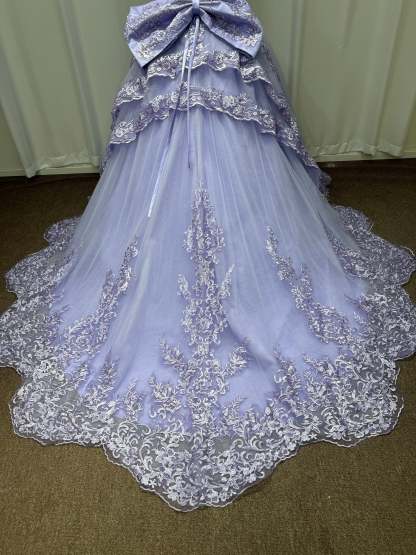 Lilac Strapless Tulle Applique A-line Prom Dresses Chapel Train