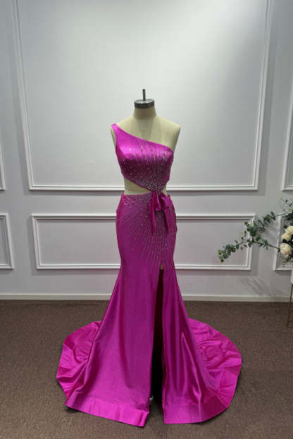 Fuchsia One Shoulder Sequins Sleeveless Mermaid Prom Dress - Prom Dresses