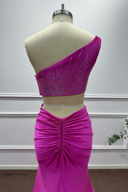 Fuchsia One Shoulder Sequins Sleeveless Mermaid Prom Dress - Prom Dresses