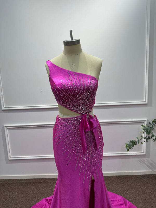Fuchsia One Shoulder Sequins Sleeveless Mermaid Prom Dress - Prom Dresses