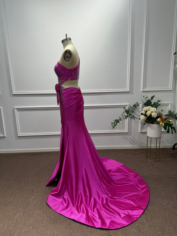 Fuchsia One Shoulder Sequins Sleeveless Mermaid Prom Dress - Prom Dresses
