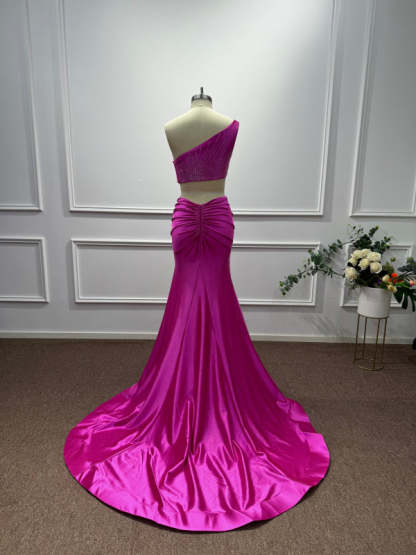 Fuchsia One Shoulder Sequins Sleeveless Mermaid Prom Dress - Prom Dresses
