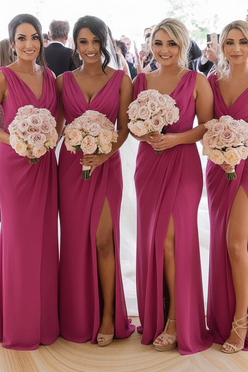 Elegant Chiffon Long Bridesmaid Dress Sleeveless Side Slit Wedding Guest Dress
