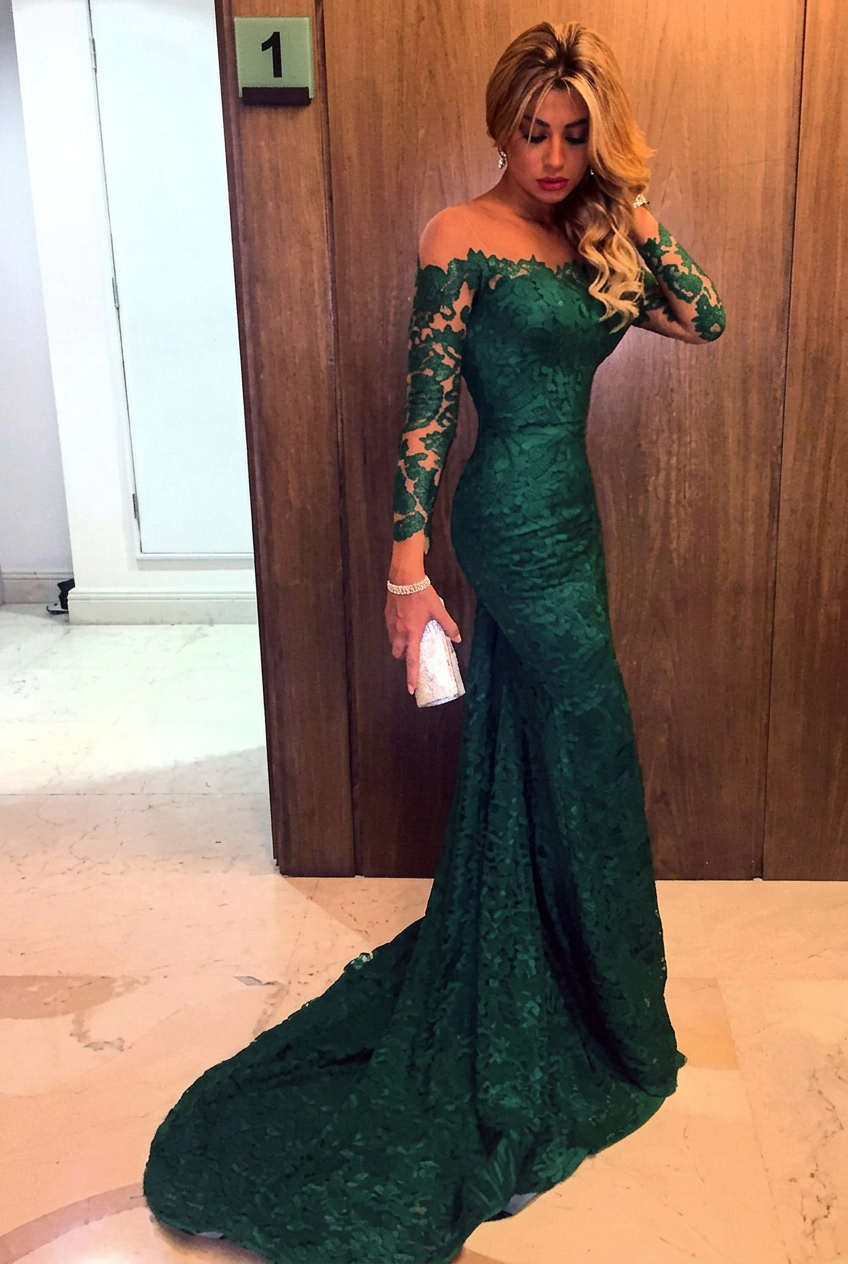 Dark Green Evening Gowns Long Sleeves Lace Glamorous Mermaid Prom Dresses