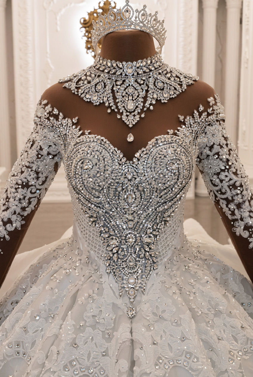 Gorgeous Crystals Ball Gown Wedding Dresses with Sleeves | Sparkling Bridal Gowns with Cathedral Train