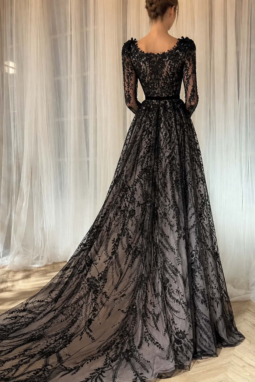 Elegant Black Sequins Aline Evening Dress with Sleeves