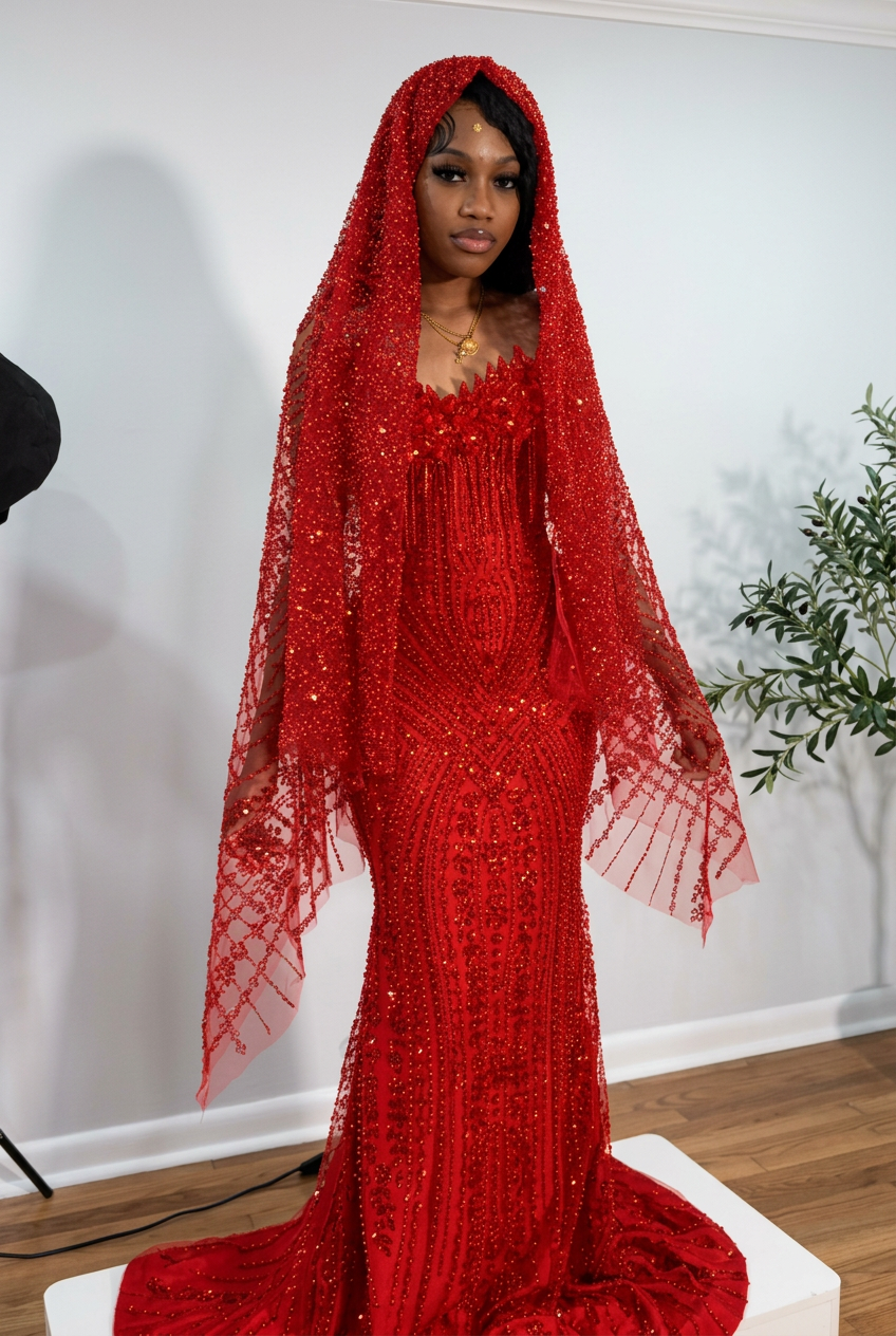 Charming Red Strapless Beadings Long Mermaid Prom Dress with Veils