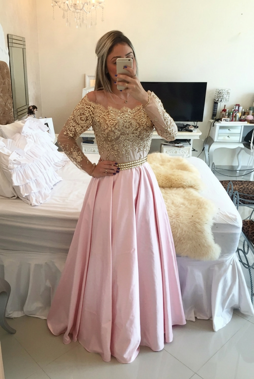 Gold Pink Prom Dresses Long Sleeves Crystals Beaded Off the Shoulder Illusion Lace Evening Gowns Bar0020