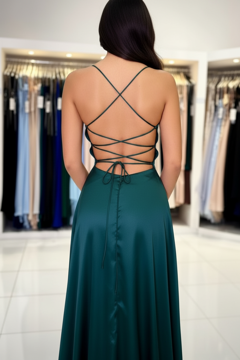 Simple Spaghetti Straps Slit Evening Dress Sleeveless Satin Formal Dress