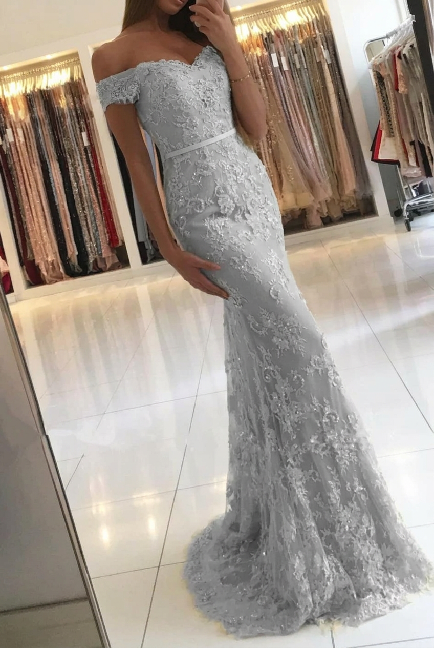 Delicate Lace Mermaid Off-the-shoulder Zipper Button Back Prom Dress BA6944