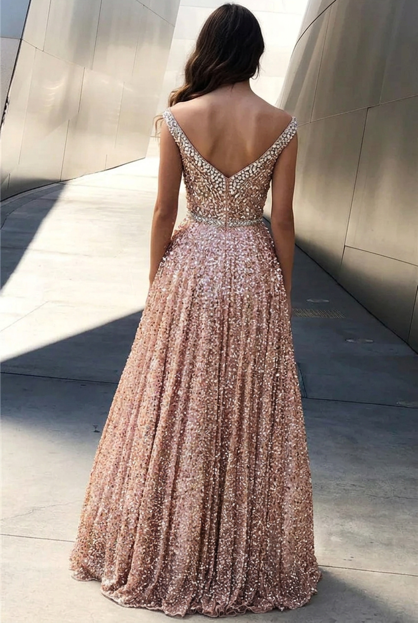 Rose Gold Sequins Evening Dresses | Off The Shoulder Sexy Bling-bling Prom Dress