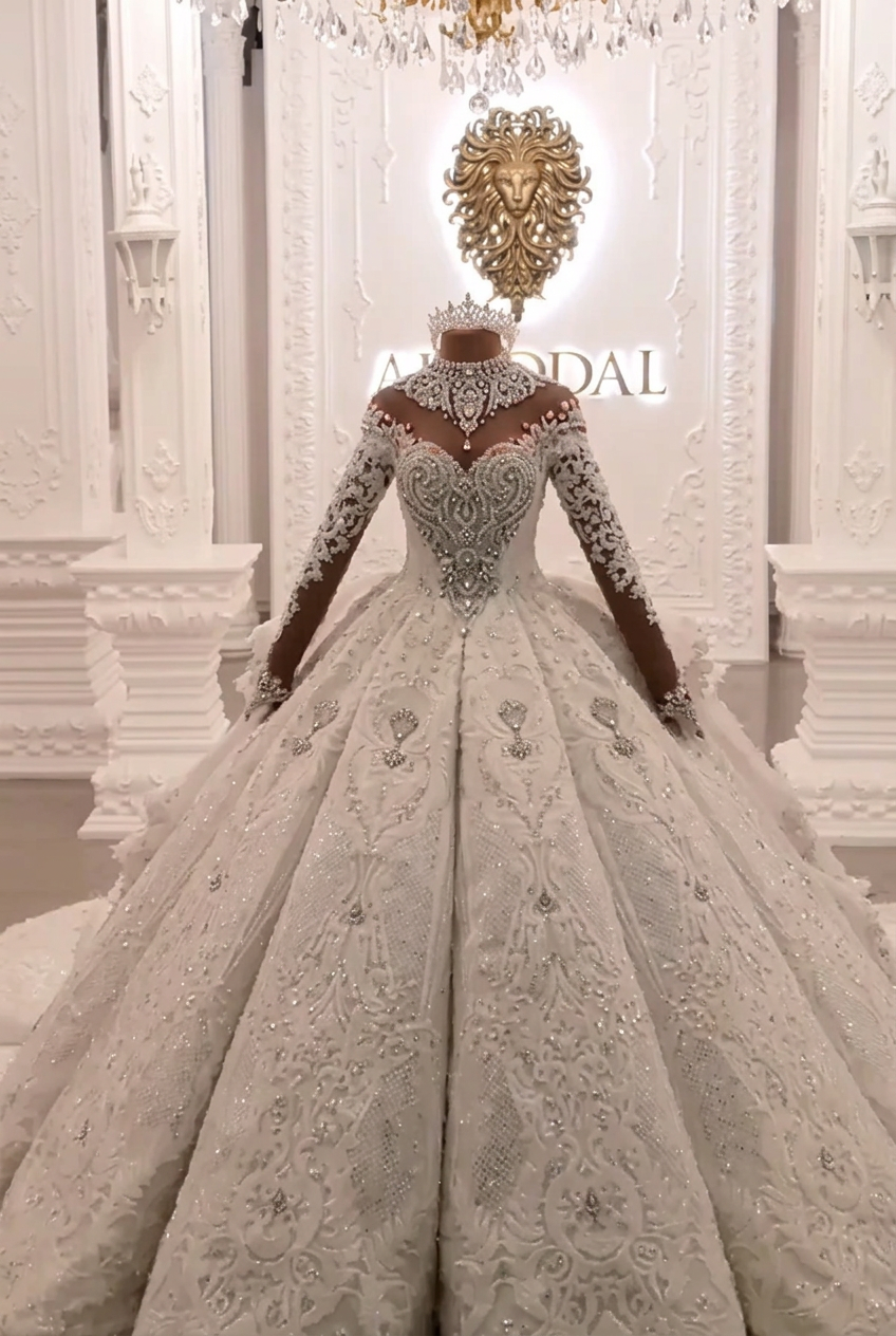 Gorgeous Crystals Ball Gown Wedding Dresses with Sleeves | Sparkling Bridal Gowns with Cathedral Train