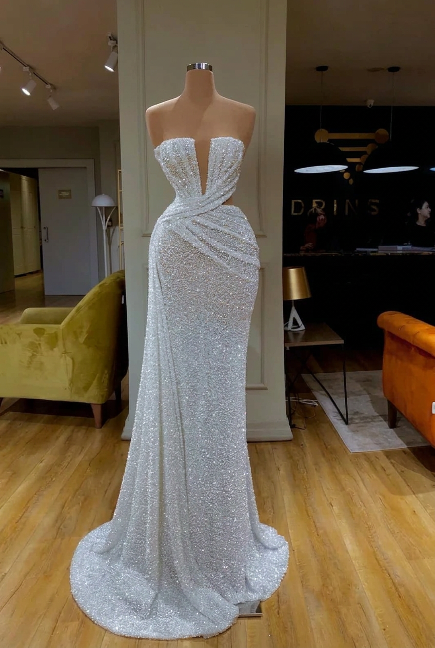 Strapless V-Neck Sequins Mermaid Floor Length Evening Dress