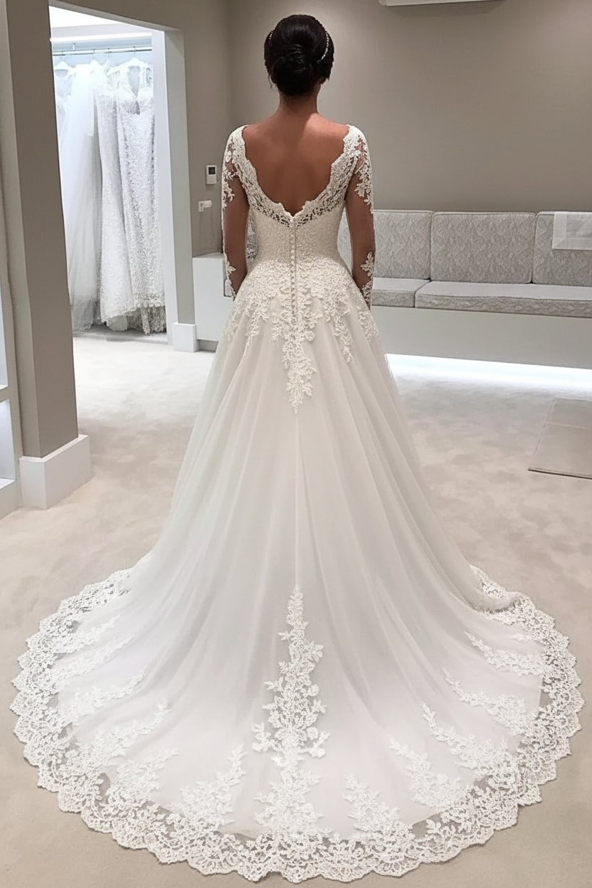 Elegant Long Sleeve Lace Wedding Dresses | Illusion Sexy Bride Dresses with Long Train