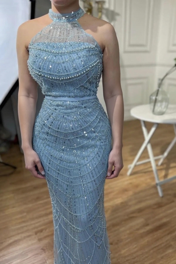 Glitter Halter Floor Length Beaded Evening Dresses Mermaid Prom Dress