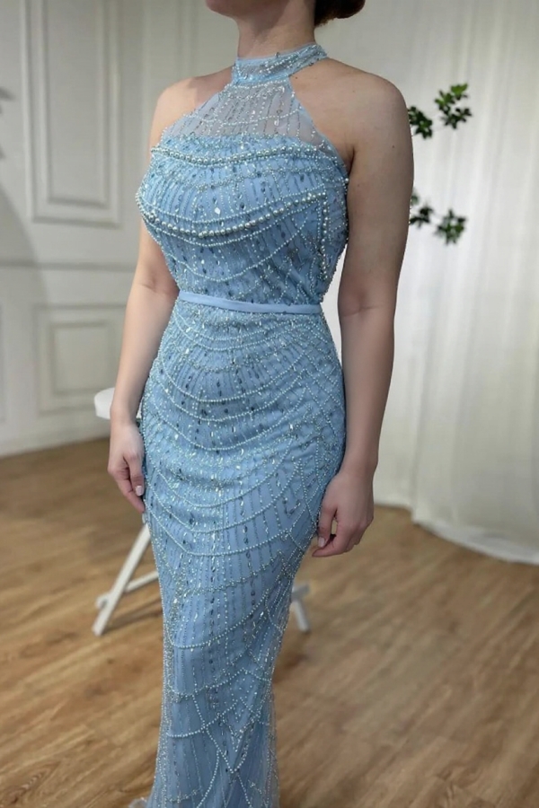 Glitter Halter Floor Length Beaded Evening Dresses Mermaid Prom Dress