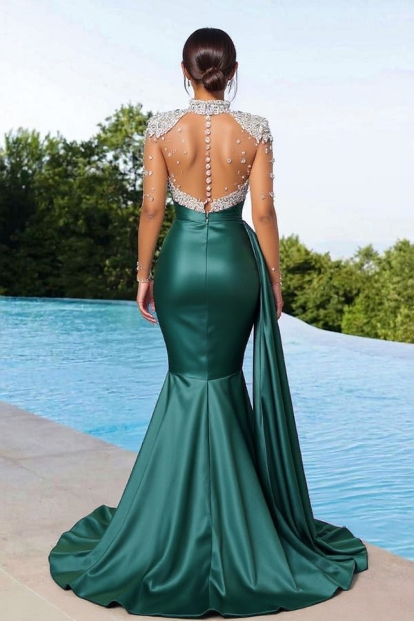 Gorgeous Glitter Sequins Crystals Long Sleeves Mermaid Prom Dress High Neck Satin Evening Party Dress