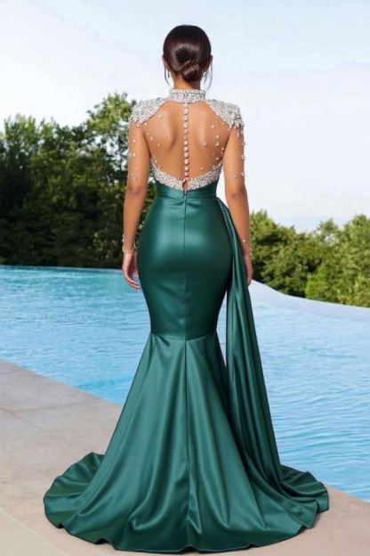 Gorgeous Glitter Sequins Crystals Long Sleeves Mermaid Prom Dress High Neck Satin Evening Party Dress