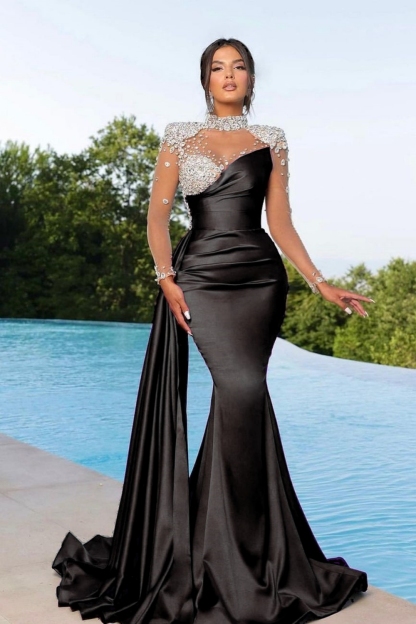Gorgeous Glitter Sequins Crystals Long Sleeves Mermaid Prom Dress High Neck Satin Evening Party Dress