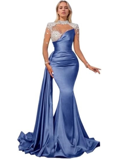 Gorgeous Glitter Sequins Crystals Long Sleeves Mermaid Prom Dress High Neck Satin Evening Party Dress