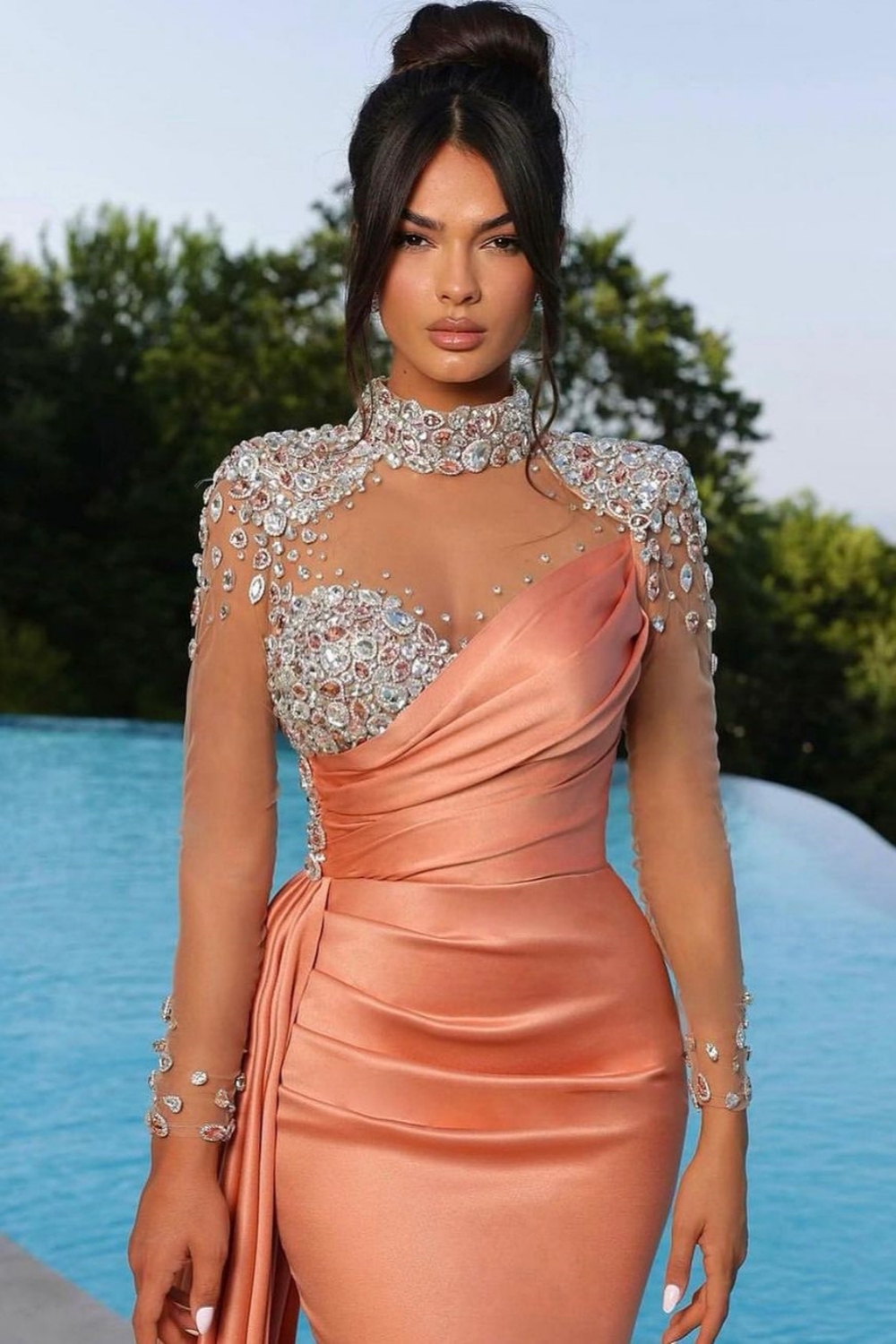 Sexy Long Sleeves Shiny Crystals Black Satin Mermaid Evening Dress with Side Sweep Train