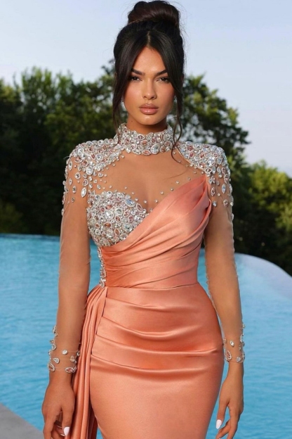 Sexy Long Sleeves Shiny Crystals Black Satin Mermaid Evening Dress with Side Sweep Train