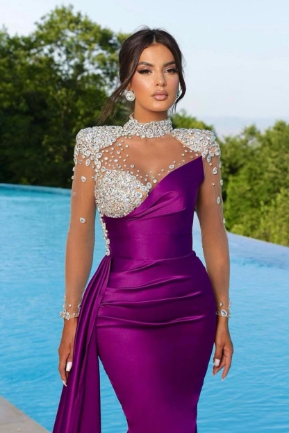 Sexy Long Sleeves Shiny Crystals Black Satin Mermaid Evening Dress with Side Sweep Train