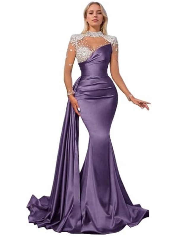 Gorgeous Glitter Sequins Crystals Long Sleeves Mermaid Prom Dress High Neck Satin Evening Party Dress