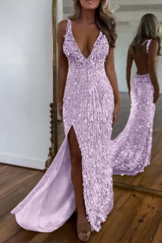 Glitter Sequins Sleeveless V Neck Prom Dress Long with Split